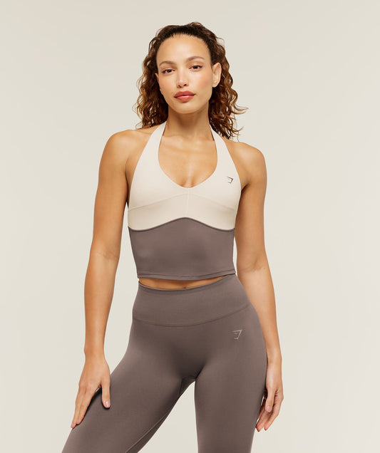 Colour Block Halter Neck Tank With Shelf - US 5954