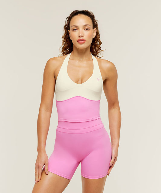 Colour Block Halter Neck Tank With Shelf - US 8772
